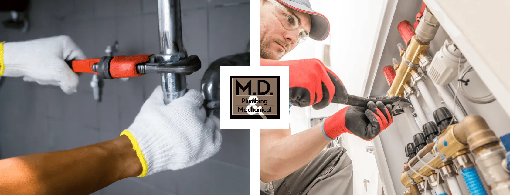 Plumber repairing pipes and technician fixing plumbing system with M.D. Plumbing & Mechanical logo.